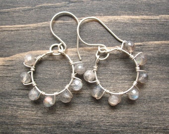 Labradorite Hoop Earrings Wire Wrapped - Dangle Gray Iridescent Sterling Silver Round Circle