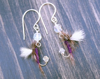 Fly Fishing Lure Earrings -  Purple and Clear - Sterling Silver Fishing Hook Earrings Fly Earrings for Women