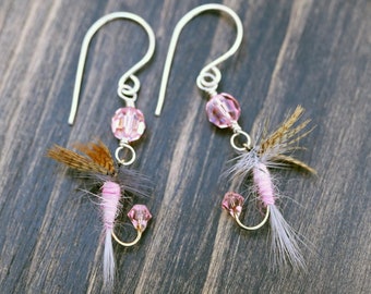 Fly Fishing Lure Earrings - Pink - Sterling Silver Jewelry - Fish Hook Fun Fly Female Fishing Ladies Angler Country Girl