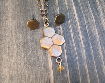 Honeybee Honeycomb Brass Necklace and Earring Set with Natural Citrine - Geometric Hexagon