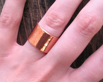 12mm Copper Adjustable Wide Cuff Promise Ring - Hammered, Satin, Mirror Finishes - Rustic Wedding Band