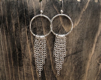 Hammered Argentium Sterling Silver Minimalist Round Circle Earrings with Chains - Simple Textured Hoop Earrings