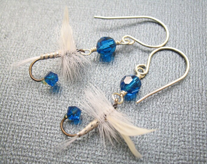 Fly Fishing Lure Earrings Blue and White Earrings Fish Hook Female