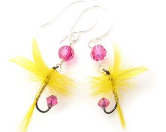 Fly Fishing Lure Earrings - Pink and Yellow - Sterling Silver Jewelry - Fish Hook Fun Fly Female Fishing Ladies Angler Country Girl