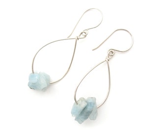 Sterling Silver Blue Aquamarine Stone Chunk Hoop Earrings