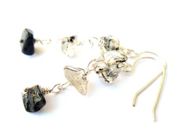 Wire Wrapped Sterling Silver Earrings with Tourmalinated Quartz Stone Chip Earrings Inexpensive Black and White Style