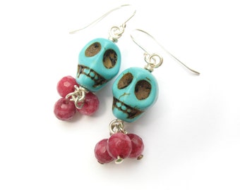 Day of the Dead Skull Earrings in Turquoise Blue and Pink and Sterling Silver