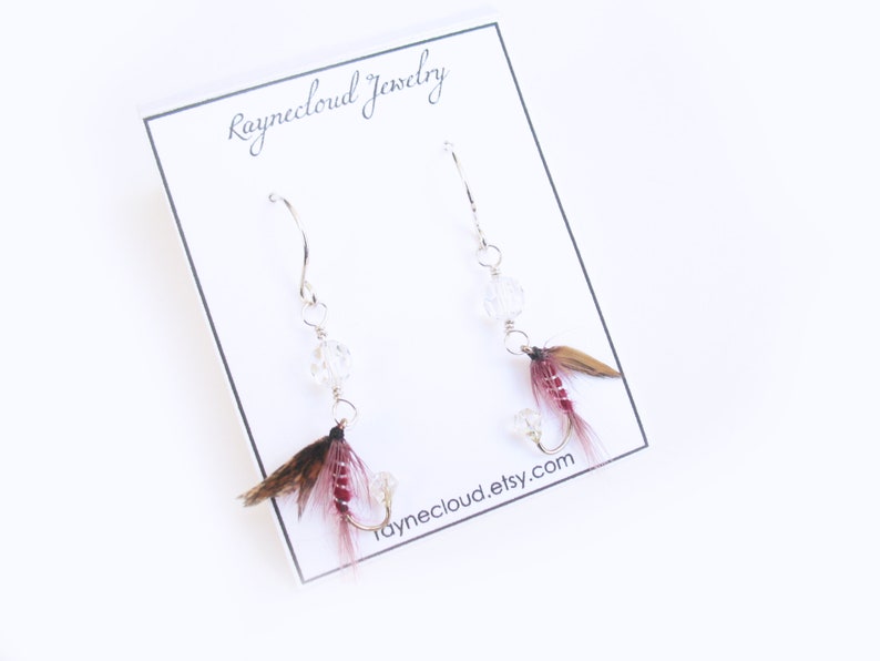 Fly Fishing Lure Earrings Dark Montreal Rustic Burgundy Red and Clear Sterling Silver Fishing Hook Earrings Fly Earrings for Women image 4