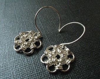 Japanese Flower Chainmaille Earrings in Sterling Silver - Daisy Chain Mail Maille Metal Dangle Earrings