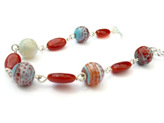 Crackle Agate Turquoise Blue and Red Bracelet and Earring Set Sterling Silver