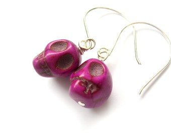 Magenta Skull Earrings with Sterling Silver - Day of the Dead Halloween Earrings