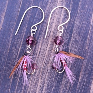 Fly Fishing Lure Earrings Dark Montreal Rustic Burgundy Red and Clear Sterling Silver Fishing Hook Earrings Fly Earrings for Women image 6