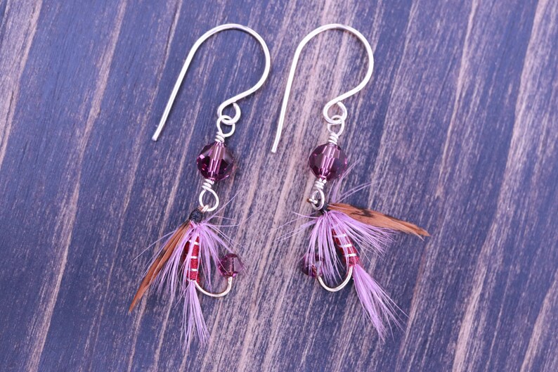 Fly Fishing Lure Earrings Dark Montreal Rustic Burgundy Red and Clear Sterling Silver Fishing Hook Earrings Fly Earrings for Women image 6