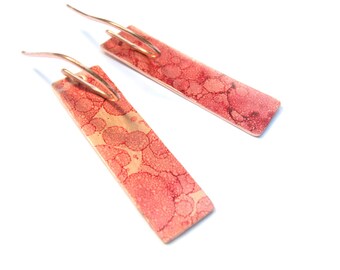 Red Earrings - Red Wine Copper Rectangle Earrings - Geometric Thin Minimalist Blood Red Spatter Rectangle Shape Earrings