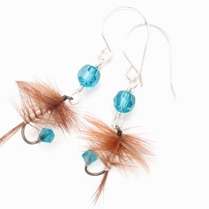 Fly Fishing Lure Earrings - Teal and Brown - Fishing Lure Jewelry - Female Angler - Fishing Girls Country Woman Fish Hook