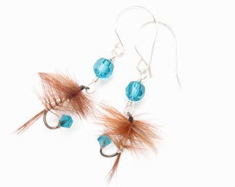 Teal and Brown Fly Fishing Lure Earrings: Sterling Silver Hooks