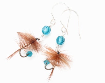 Fly Fishing Lure Earrings - Teal and Brown - Fishing Lure Jewelry - Female Angler - Fishing Girls Country Woman Fish Hook