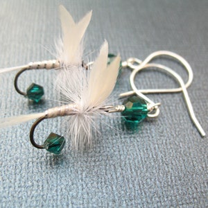 Fly Fishing Lure Earrings - Emerald Green and White - Women Sterling Silver Fish Hook Jewelry for Ladies and Girls -Crystals and Feathers