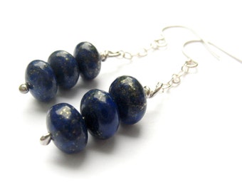 Lapis Lazuli Blue Chain Earrings with Sterling Silver - Gemstone Dangle Deep Blue Ultramarine Jewelry King Tut