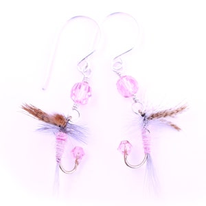 Fly Fishing Lure Earrings Pink Sterling Silver Jewelry Fish Hook Fun Fly Female Fishing Ladies Angler Country Girl image 4