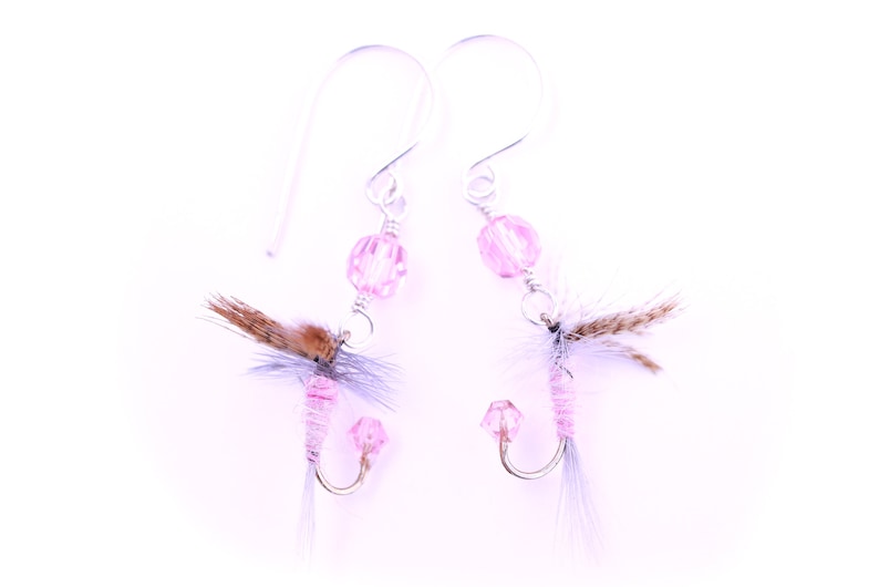 Fly Fishing Lure Earrings Pink Sterling Silver Jewelry Fish Hook Fun Fly Female Fishing Ladies Angler Country Girl image 4