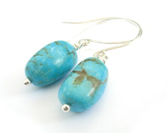 Genuine Turquoise Sterling Silver Earrings with Natural Stone Turquoise Drop Earrings