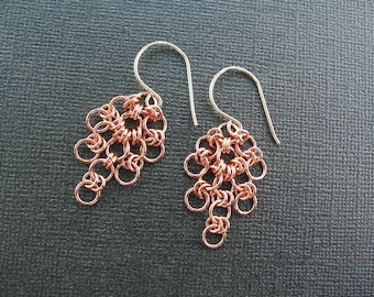 Copper Earrings - Shaggy Loops Chainmaille Inspired Earrings in Shiny Copper - Metal Dangle Loops Hoops Rings Minimalist Earrings