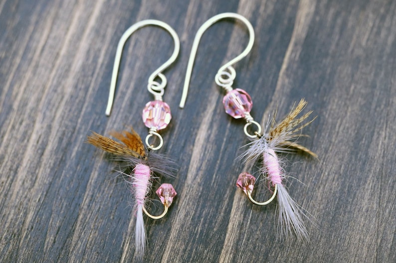 Fly Fishing Lure Earrings Pink Sterling Silver Jewelry Fish Hook Fun Fly Female Fishing Ladies Angler Country Girl image 1