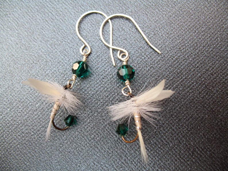 Fly Fishing Lure Earrings Emerald Green and White Women Etsy