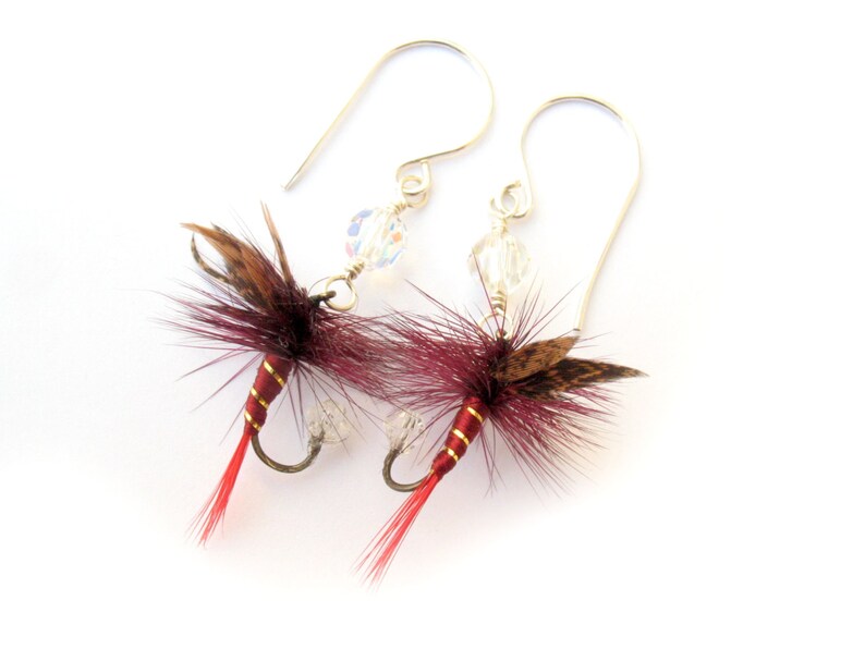 Fly Fishing Lure Earrings Rustic Burgundy Red and Clear Etsy