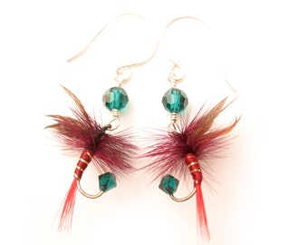 Rustic Christmas Fly Fishing Lure Earrings - Rustic Brown, Burgundy Red, and Green Xmas Earrings in Sterling Silver - Fish Hook Jewelry