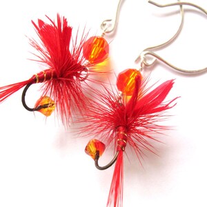 Fly Fishing Lure Earrings - Fire Red, Orange, Yellow - Feathers and Crystals Fun Sterling Silver Fish Hook Jewelry Female Ladies Girls