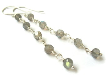 Sterling Silver Labradorite Dangle Earrings - Long Stone Gray Modern Iridescent Statement Earrings