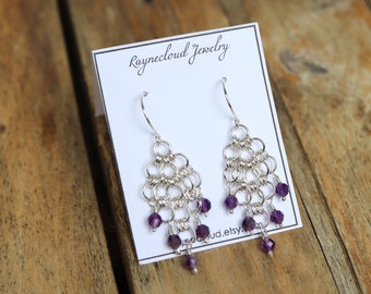 Amethyst Gemstone Shaggy Loops Chainmaille Inspired Earrings in Shiny Sterling Silver - Metal Dangle Loops Hoop Earrings