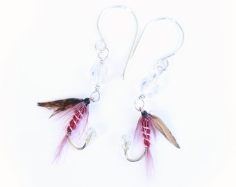 Fly Fishing Lure Earrings -  Dark Montreal Rustic Burgundy Red and Clear - Sterling Silver Fishing Hook Earrings Fly Earrings for Women