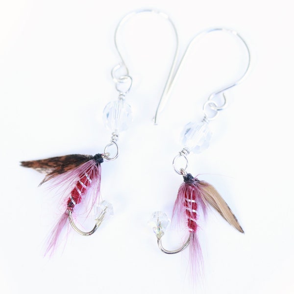 Fly Fishing Lure Earrings -  Dark Montreal Rustic Burgundy Red and Clear - Sterling Silver Fishing Hook Earrings Fly Earrings for Women