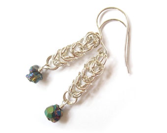 Chalcopyrite "Peacock Ore" Sterling Silver Chainmaille Earrings