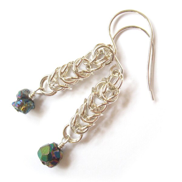 Calcopirita "Mineral de pavo real" Plata de ley Chainmaille Pendientes