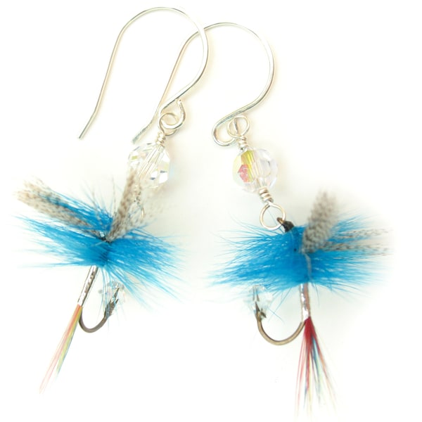 Fly Fishing Lure Earrings - Primary Colors, Blue, Red, Yellow, and Silver - Fly Fishing Hook Jewelry - Sterling Silver Earrings For Country