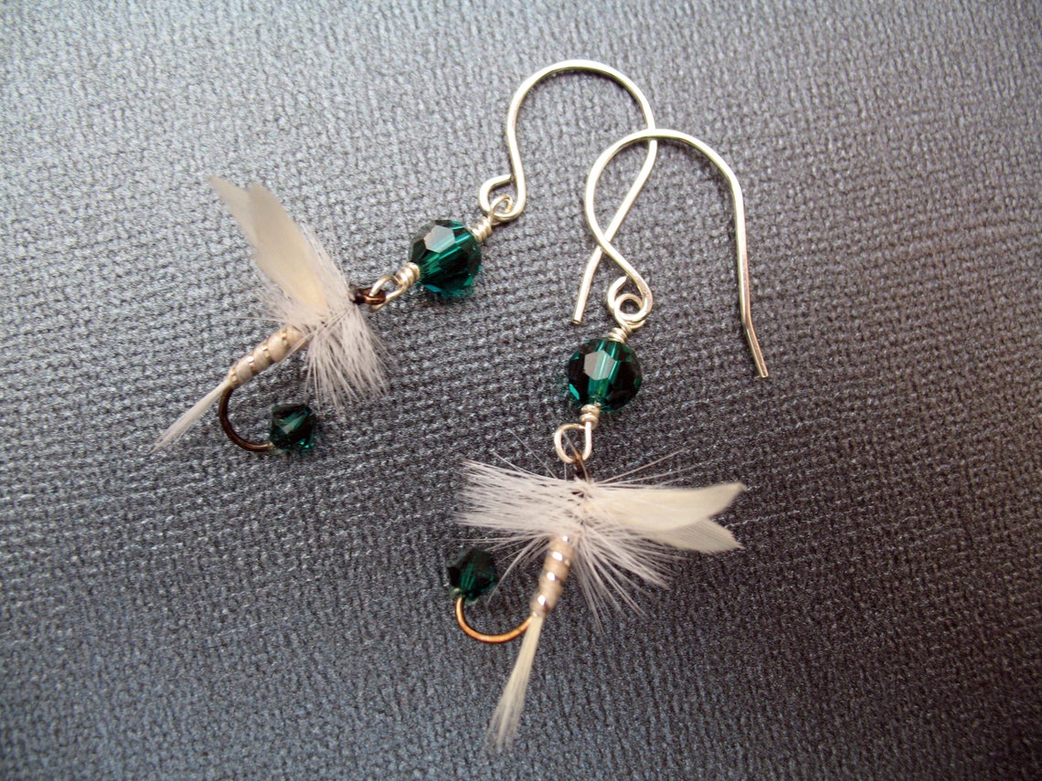 Fly Fishing Lure Earrings Emerald Green and White Women Etsy