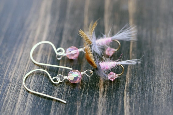 Fly Fishing Lure Earrings Pink Sterling Silver Jewelry Fish Hook Fun Fly Female  Fishing Ladies Angler Country Girl 