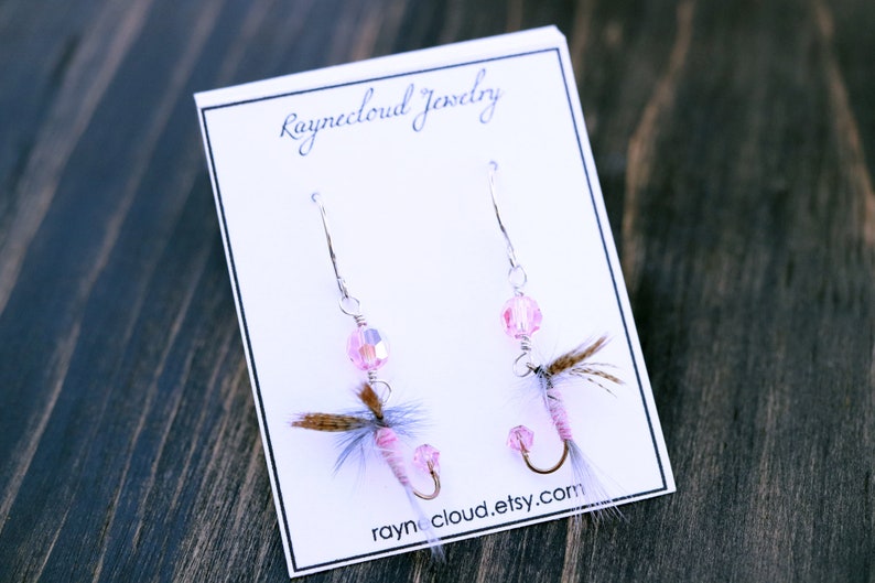 Fly Fishing Lure Earrings Pink Sterling Silver Jewelry Fish Hook Fun Fly Female Fishing Ladies Angler Country Girl image 3