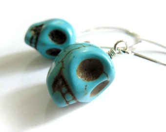 Turquoise Blue Skull Earrings for Day of the Dead with Sterling Silver - Dia de los Muertos