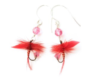 Fly Fishing Lure Earrings - Love Red and Pink - Feathers Fun Sterling Silver Lure Jewelry Female Ladies Girls Fish Hook