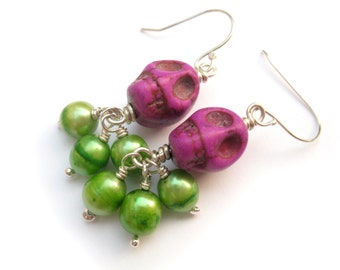 Day of the Dead Skull Earrings in Colorful Purple and Lime Green with Pearls and Sterling Silver