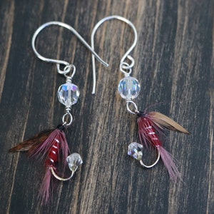 Fly Fishing Lure Earrings Dark Montreal Rustic Burgundy Red and Clear Sterling Silver Fishing Hook Earrings Fly Earrings for Women image 3