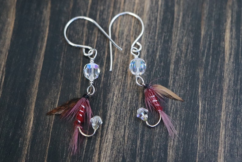 Fly Fishing Lure Earrings Dark Montreal Rustic Burgundy Red and Clear Sterling Silver Fishing Hook Earrings Fly Earrings for Women image 3