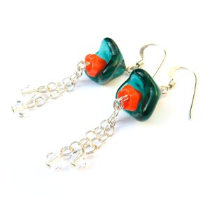 Teal Blue and Orange Flower Earrings in Sterling Silver
