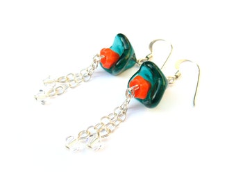 Teal Blue and Orange Flower Earrings in Sterling Silver