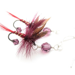 Rustic Burgundy Red and Purple Fly Fishing Lure Hook Earrings with Sterling Silver for Country Women Anglers